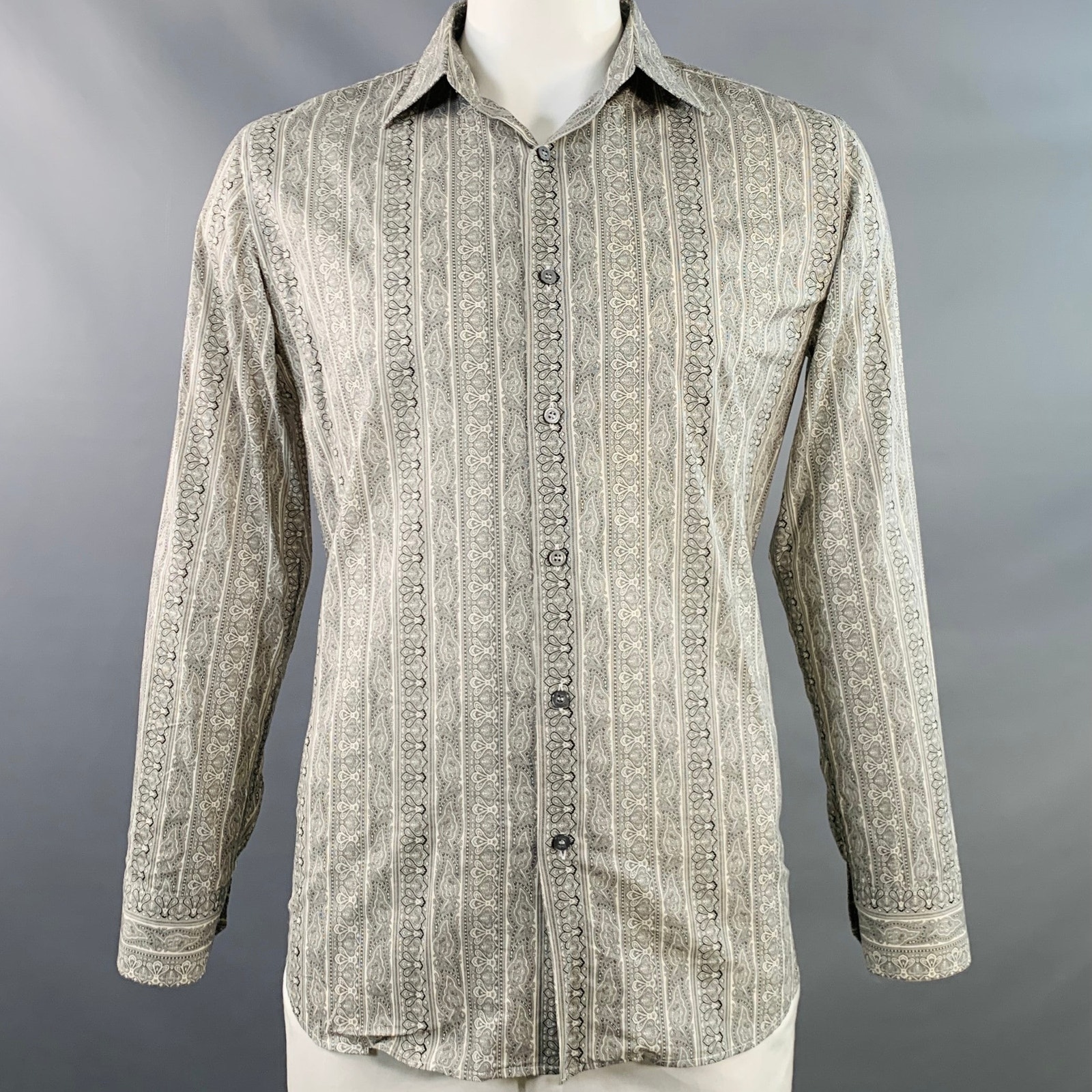 Paul Smith Size L White Black Paisley Cotton Spread Collar Long Sleeve Shirt